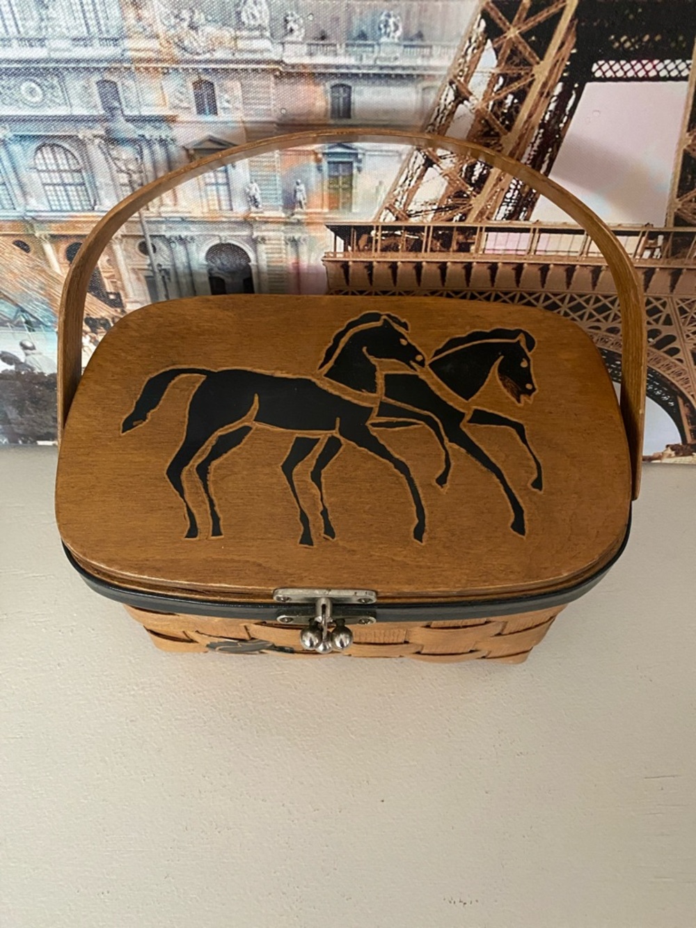 Vintage Caro Nan Wooden Handled Basket Purse Horse Western Derby Equestrian - Picture 2 of 8